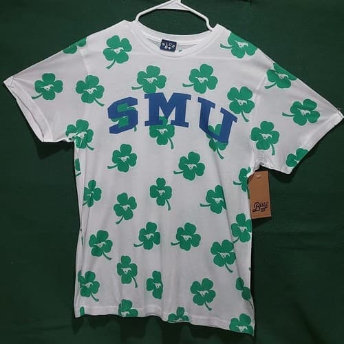 SMU Mustangs Lucky Clover Leaf white T-shirt by Blue 84 Shamrocket Adult Medium — smu fan gear
