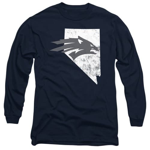 Nevada Adult Long Sleeve T-Shirt Wolf Pack State Shape, Navy, S-3XL — nevada fan gear