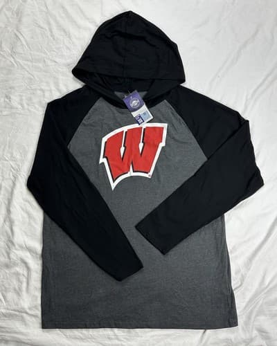 Wisconsin Badgers Hoodie Long Sleeve Shirt Mens XL Grey Black Raglan Tee NWT — wisconsin fan gear