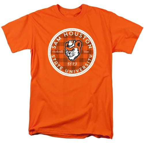 SHSU Adult T-Shirt Plaid Badge Sam Houston State Bearkats, Orange, S-4XL — sam-houston fan gear