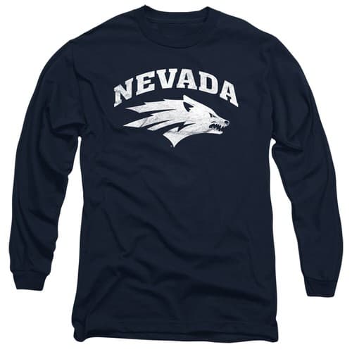 Nevada Adult Long Sleeve T-Shirt Wolf Pack Distressed Primary Logo, Navy, S-3XL — nevada fan gear
