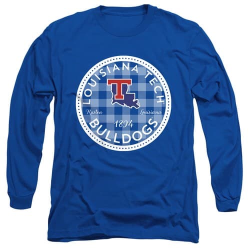 La Tech Adult Long Sleeve T-Shirt Bulldogs Plaid Badge, Royal Blue, S-3XL — louisiana-tech fan gear