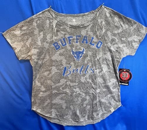 NWT ladies SML Univ. at Buffalo (NY) Bulls crew gray cotton/poly/rayon tee — buffalo fan gear