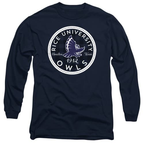 Rice University Adult Long Sleeve T-Shirt Owls Plaid Badge, Navy, S-3XL — rice fan gear
