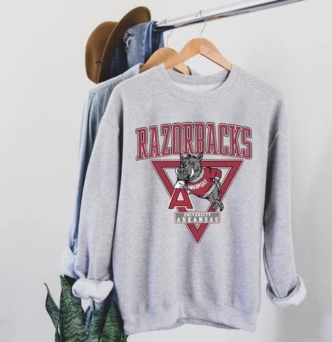 Vintage Arkansas Razorbacks NCAA Hoodie Retro University Sweatshirt Grey — arkansas fan gear