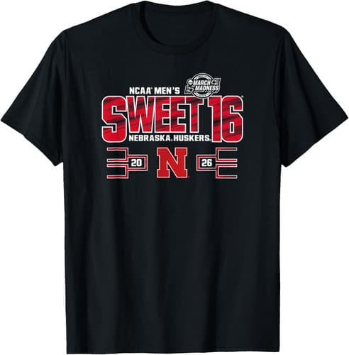 Nebraska Cornhuskers Sweet 16 2026 Men's March Madness Black T-Shirt — nebraska fan gear
