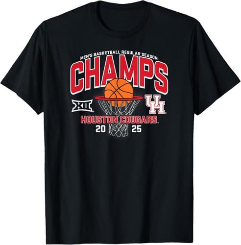 Houston Cougars Men's Basketball Big 12 Champs 2025 Black T-Shirt — houston fan gear