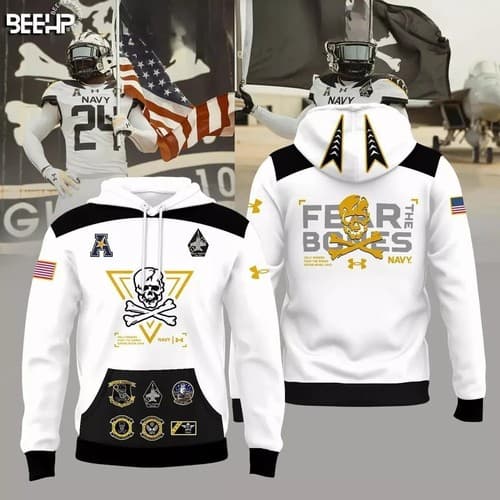 Navy Midshipmen New Jolly Rogers 2024 Fear The Bones Hoodie T-Shirt — navy fan gear