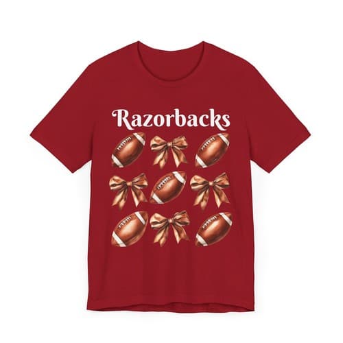 Women's Arkansas Razorbacks football bows graphic Jersey Short Sleeve Tee — arkansas fan gear