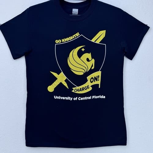 UCF T-Shirt Small University Of Central Florida Knights Shield Charge On Black — ucf fan gear