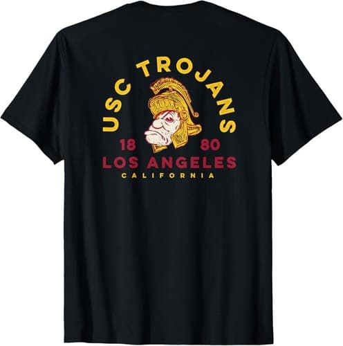 ( On Back ) USC Trojans Tommy Sketch Gold Cardinal Dark Ground T-Shirt — usc fan gear