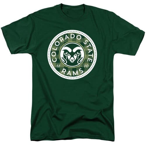 Colorado State University Adult T-Shirt Plaid Badge, Hunter Green, S-3XL — colorado-state fan gear