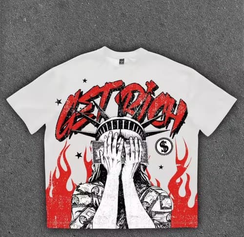 Get Rich Men's Statue of Liberty Flames Graphic T-Shirt White Red Black — liberty fan gear