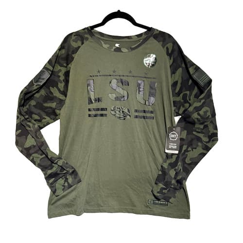 LSU Tigers Shirt Colosseum Mens XL Olive Green Camo Operation Hat Trick Salute — lsu fan gear