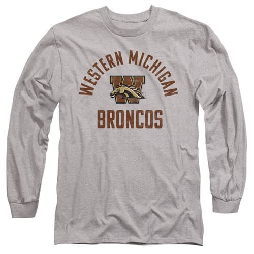 Western Michigan Adult Long Sleeve T-Shirt Broncos Logo, Athletic Heather, S-3XL — western-michigan fan gear