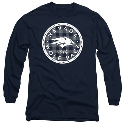 Nevada Adult Long Sleeve T-Shirt Wolf Pack Plaid Badge, Navy, S-3XL — nevada fan gear
