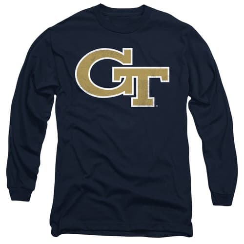 Georgia Tech Adult Long Sleeve T-Shirt Distressed Primary Logo, Navy, S-3XL — georgia-tech fan gear