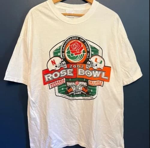 Vintage 2002 Rose Bowl Nebraska Huskers Vs Miami Hurricanes Football Tee shirt — nebraska fan gear