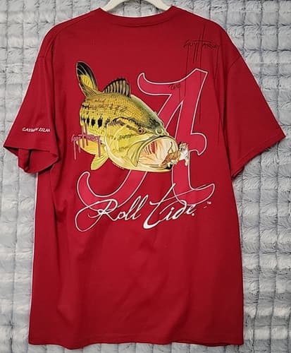 Guy Harvey Alabama Roll Tide Red Football Fishing Mens Large T-shirt Signed 2014 — alabama fan gear