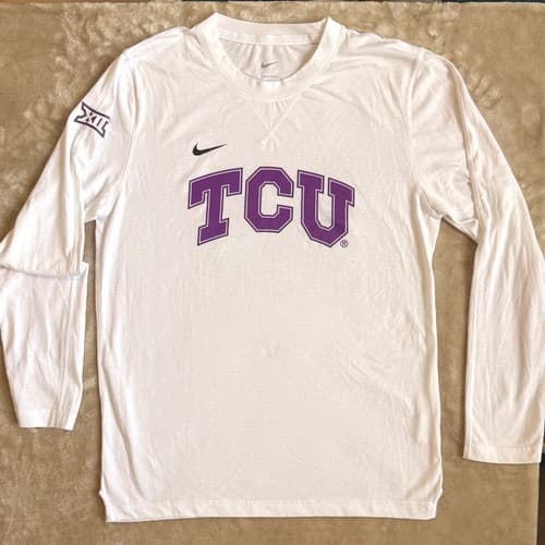 Nike TCU Horned Frogs Dri-FIT Long Sleeve Shirt Mens Medium White Big 12 Logo — tcu fan gear