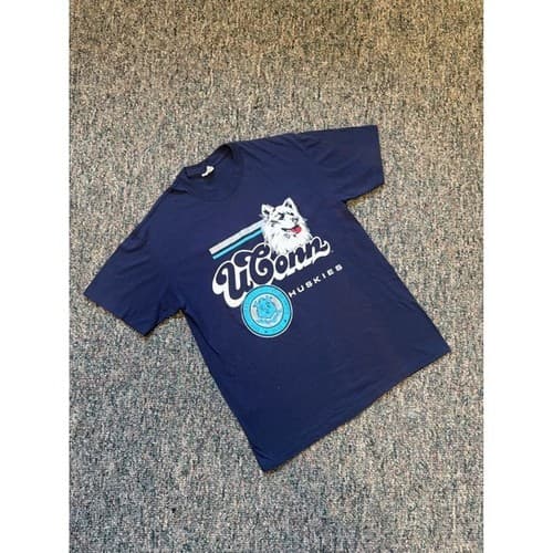 Vintage 80s University of Connecticut Huskies Mens XL Blue TNT Graphic T Shirt — connecticut fan gear