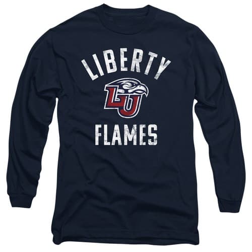 Liberty University Adult Long Sleeve T-Shirt Flames Logo, Navy, S-3XL — liberty fan gear