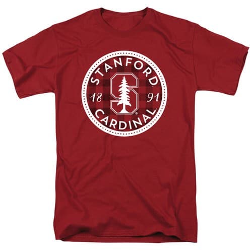 Stanford University Adult T-Shirt Plaid Badge, Cardinal, S-3XL — stanford fan gear